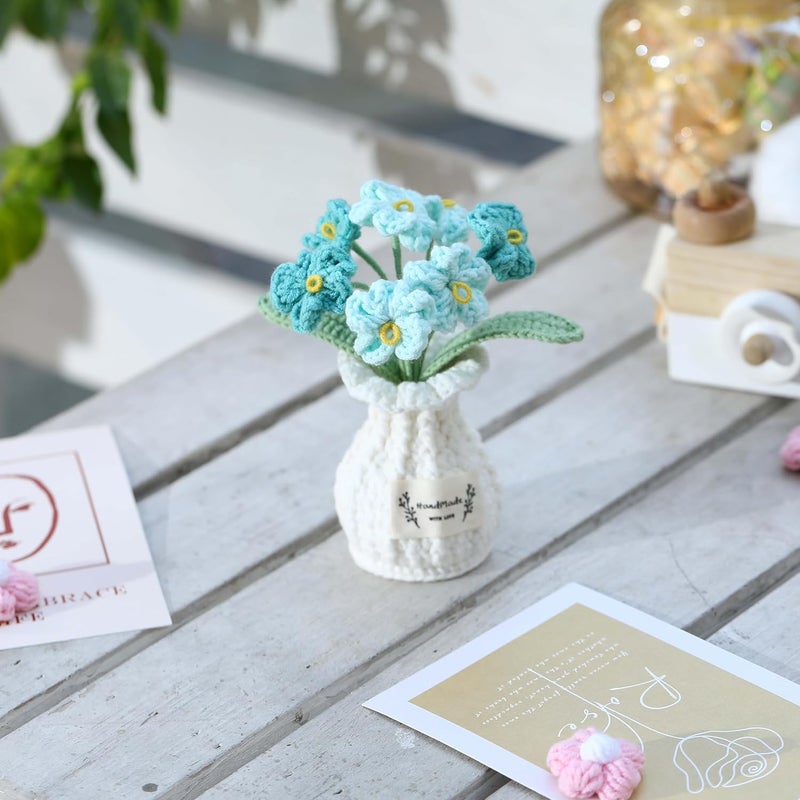 YOOJEE Crochet Flower Pot Forget-me-not Valentines Day Gift for Women Him Her Boyfriend Girlfriend Lover Husband Couples Wife Coworker Birthday Wedding Knitted Blue Plant Cute Office Desk Decor - Image 2
